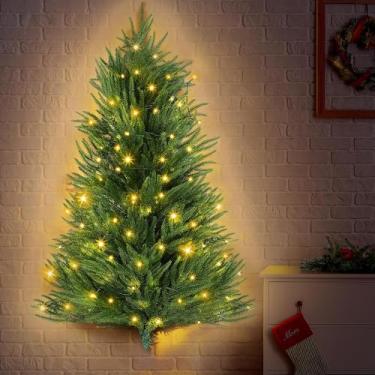 Imagem de ElectricWise Árvore de Natal para pendurar na parede com luzes LED, árvore de Natal de parede plana artificial de pinheiro Norfolk pré-iluminada para apartamento, donos de gatos, decoração de Natal