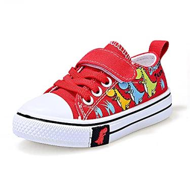 Imagem de Cozystep Tênis de lona para meninos e meninas para crianças pequenas unissex sapatos de caminhada com tira ajustável com ganchos e laços de desenho, Dinasour vermelho, 11.5 Little Kid