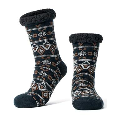 Imagem de cosyone1997 Meias masculinas quentes com aderência, meias felpudas térmicas de inverno, presentes de Natal aconchegantes para homens, exclusivos, Marrom/preto, 11-14