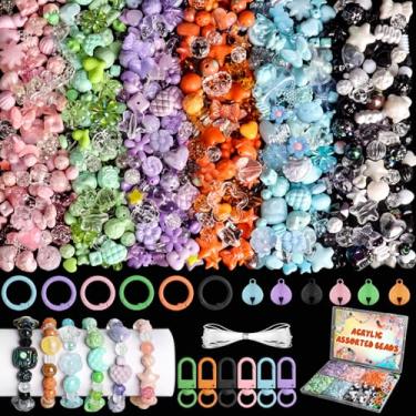 Imagem de RYKOMO 600 – 700 peças de contas de acrílico para kit de fabricação de pulseiras, com sino, corda, chaveiros, clipes em 6 cores kawaii, estéticas, lindas contas para fazer joias, chaveiros, pingentes