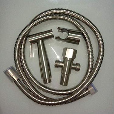 Imagem de MINJING Kit de pulverizador de bidê manual cromado - Conjunto de bidê de pistola de pulverização de vaso sanitário de aço inoxidável 304 pulverizador de bidê montado na parede para lavagem das mãos