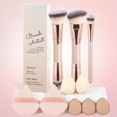 Imagem de Pincéis de maquiagem, 10 peças, conjunto de pincéis de maquiagem premium sintéticos de ponta dupla para base em pó, corretivos e kits de maquiagem, bege