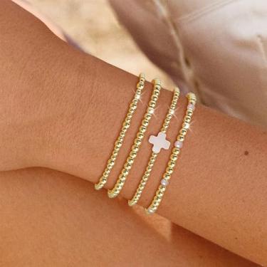 Imagem de Conjunto de pulseiras femininas com contas douradas, não manchadas, pérolas, contas, argila, elástico, joias delicadas em camadas 2025