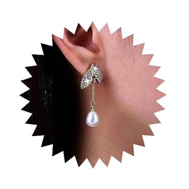 Imagem de Aneneiceera Brincos de pérola vintage de cristal em forma de gota de ouro CZ brincos de pérola barroca branca pendurada brincos de folha de strass joias para mulheres, Zinco, nah