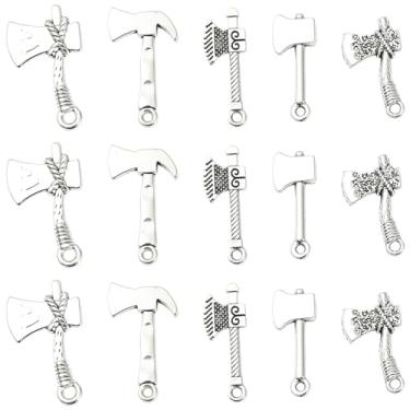 Imagem de DanLingJewelry Pingentes de machado tibetano, 50 peças, 5 estilos, pingentes de prata antiga para ferramentas domésticas para fazer joias, colar e pulseiras