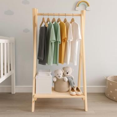 Imagem de Arara De Roupas Madeira Pinus Cabideiro Com Prateleira Organizadora Quarto