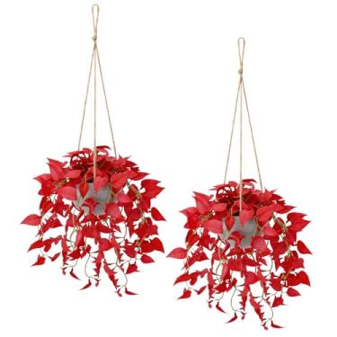 Imagem de Planta suspensa de Natal, plantas falsas com vasos, 2 pacotes de plantas artificiais de inverno, cesta de folhas de antúrio falso para parede, casa, quarto, decoração interna e externa