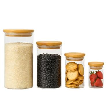 Imagem de Conjunto de Potes de Vidro Com Tampa de Bambu 4 Tamanhos 1000ml 750ml 300ml e 250 ml, Herméticos Para Cozinha Armazenamento de Alimentos