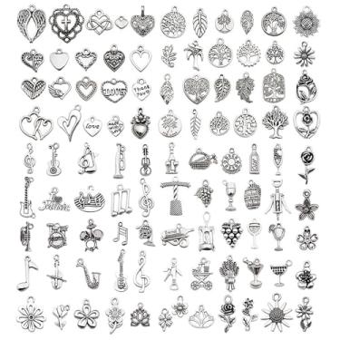 Imagem de awaFanee Pingentes para fazer joias, pingentes para pulseira, lote a granel, colar, brincos, chaveiro, berloques, contas, kit faça você mesmo, achados de artesanato moderno, prata, amor, coração