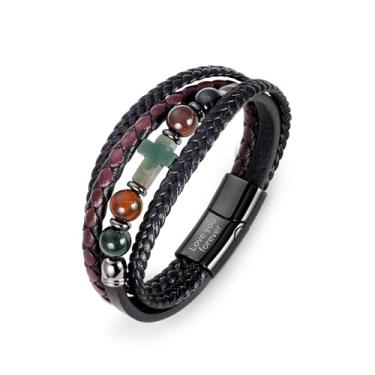 Imagem de ICEINX Pulseira masculina de couro com miçangas, pulseira trançada multicamadas com fecho fácil, presente Love You Forever para ele, 8.26inch, Couro, Sem Pedra Preciosa
