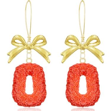 Imagem de unixmoment Brincos femininos de acrílico boêmio com pingente de flor rosa e laço de liga de liga, anel floral com fecho de alavanca, Large, Resina, Sem pedra preciosa