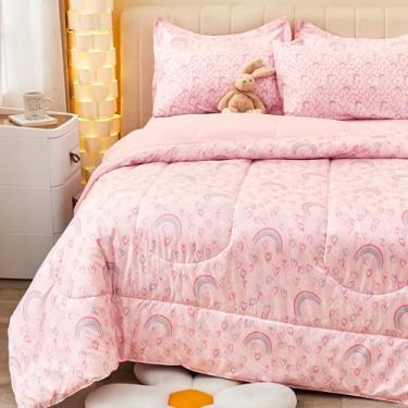 Imagem de Viviland Conjunto de edredom duplo rosa arco-íris para meninas, conjunto de cama de solteiro de microfibra escovada, 5 peças em uma bolsa, edredom para meninas com conjunto de lençol, fronhas, estampa de coração romântico, lavável na máquina