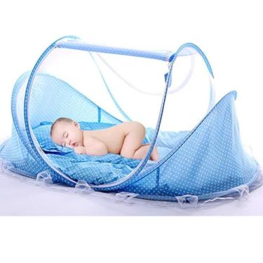 Imagem de Mosquiteiro Infantil Portátil, Dobrável, Azul com Bolinhas Brancas, Proteção para Berço, Tela de Rede