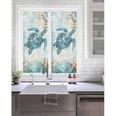 Imagem de Película de privacidade para janela Tartaruga marinha costeira azul-petróleo vitral película decorativa protetor solar capa de janela verão oceano náutico estrela do mar adesivo adesivo adesivo