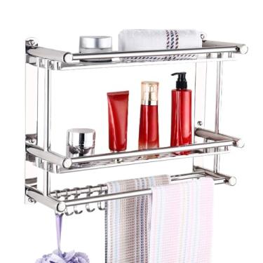 Imagem de Organizadores de banheiro 2 níveis e porta-towels pendurado com prateleiras toalha 5 ganchos Organizer chuveiro aço inoxidável que nunca arranha organizador para parede sem perfuração Multifuncional G
