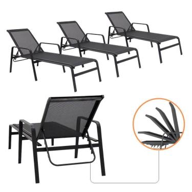 Imagem de Kit 4 Espreguiçadeiras Piscina Sevilha Tela Sling Alumínio Encosto 5 Posições Reforçada Preto