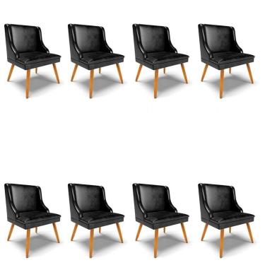 Imagem de Kit 8 Cadeiras Estofadas Para Sala De Jantar Pés Palito Lia Sintético Premium Preto - Ibiza