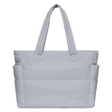 Imagem de Bolsa Puffer para mulheres, bolsa de trabalho leve e inchada com compartimentos, bolsa de ombro acolchoada para viagens, Cinza-claro