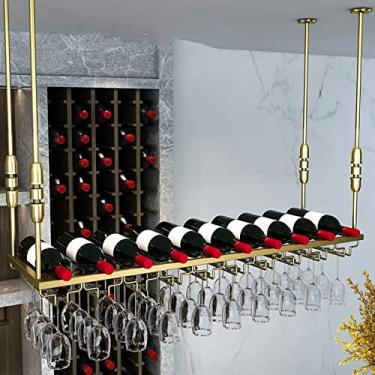 Imagem de APUM Rack de vinho de teto, altura ajustável, prateleira de garrafa de vinho de metal industrial, suporte de copos, restaurantes/bares/rack de armazenamento doméstico (100 cm)