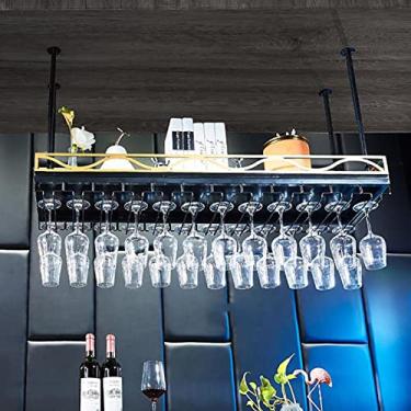 Imagem de APUM Rack de vinho de metal para teto, prateleiras de madeira/rack de decoração suspenso, suporte de taças de cálice, bares/restaurantes/prateleira de armazenamento doméstico, altura ajustável