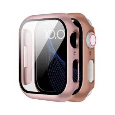 Imagem de (Pacote com 2) compatível com Apple Watch séries 10/9/8/7/6/5/4, com um protetor de tela de vidro temperado e uma capa rígida de PC para proteção total. (ouro rosa + rosa rosa, 45 mm)