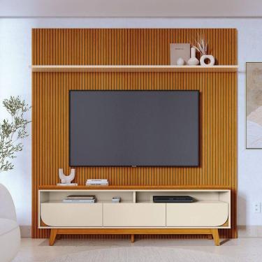 Imagem de Painel Tv 75 Pol 238cm Ripado Kalven E Bancada Elarin M20 - D`rossi Cinamomo(fosco)-off White(brilho)