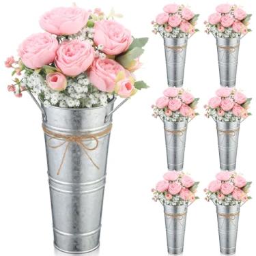 Imagem de LemonRoad 6 conjuntos de peças centrais de casamento para mesas, incluindo balde de flores galvanizadas, vasos de metal com flores artificiais, decorações de chá de panela, lembrancinhas de festa de