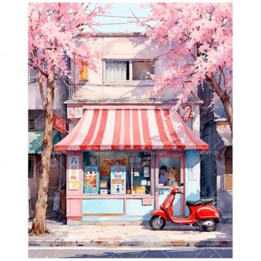 Imagem de TAOPAOLAB Kit City Paint by Numbers para adultos - DIY Retro Shopfront and Scooter Under Cherry Blossoms Painting on Canvas 40,6 x 50,8 cm, conjunto de tinta acrílica para iniciantes, arte para