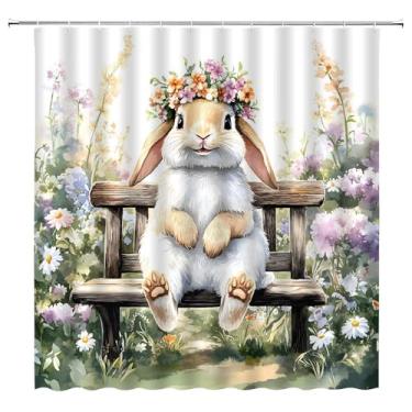 Imagem de UOZXOML Linda cortina de chuveiro coelhinho aquarela flor engraçada coelho com grinalda floral no banco, feliz Páscoa, primavera, jardim, cenário, tecido, decoração de banheiro, cortinas com ganchos