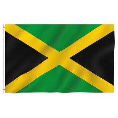 Imagem de Bandeira da Jamaica de cor vívida - Cabeçalho de lona à prova de desbotamento e costura dupla com dois ilhós de latão para jardim externo e pátio gramado (3 x 5 pés)