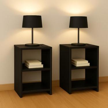 Imagem de Conjunto de duas mesas de cabeceira com nicho, adequadas para mobiliário de quarto, feitas de MDF (fibra de média densidade). (Preto)