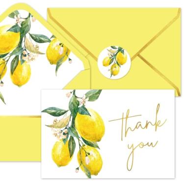 Imagem de Whaline Pacote com 50 cartões de agradecimento em folha de ouro limão com envelopes adesivos amarelo flor de limão cartão de notas em branco para primavera verão aniversário chá de bebê suprimentos de