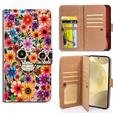 Imagem de Bcov Capa para Galaxy S23 Ultra, Flores Coloridas, Caveira Branca, Multifuncional, Capa de Telemóvel de Couro Carteira Flip com Vários Slots de Cartão Bolso Alça de Pulso para Samsung Galaxy S23 Ultra