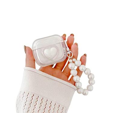 Imagem de Ownest Capa compatível com AirPods 3 (2021), transparente, 3D, colorida, coração amoroso, macio, TPU à prova de choque, capa com glitter e chaveiro de pérola para mulheres e meninas para AirPods 3 - (branco)
