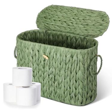 Imagem de Kathfly Cesta de armazenamento de papel higiênico verde sálvia com tampa grande suporte de papel higiênico decorativo organizador de tecido para casa de banho cozinha vaidades escritórios domésticos