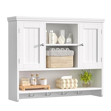 Imagem de Keehusux Armário de remédios grande de 80 cm L com 2 portas e 4 ganchos, armário de parede de banheiro moderno com 3 prateleiras abertas, armário de madeira para cozinha, lavanderia, sala de estar