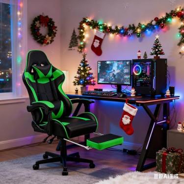 Imagem de Soontrans Cadeira de jogos Massagem Poltrona para jogos com apoio para os pés e apoio de cabeça e almofadas de massagem para as costas, apoios de braços acolchoados, Cadeira de jogos ergonómica para