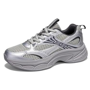 Imagem de Tênis feminino da moda, grosso, respirável, tênis esportivo de malha casual com sola grossa para academia e treino, C - cinza prateado, 38