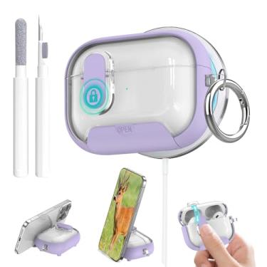 Imagem de Aircawin Capa transparente para Airpods Pro 3, trava segura para Airpods Pro 3ª geração, com suporte para telefone e função Magsafe, pop-up automático, proteção híbrida com mosquetão e caneta de