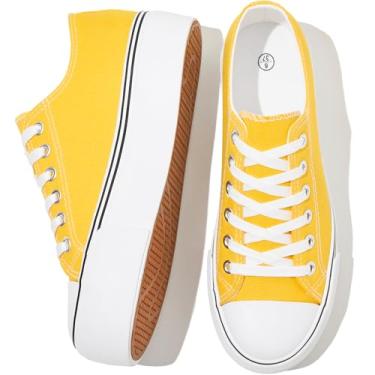 Imagem de SERNIAL Tênis feminino plataforma branca cano baixo plataforma sapatos de lona preto para mulheres, Amarelo, 36