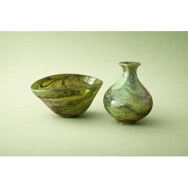 Imagem de Kit de 2 Vasos Murano Verde Esmeralda, Vidro Artesanal Marmorizado, Decorativo Contemporâneo, 33x24x16cm e 18,5x24,5cm, para Mesa e Aparador
