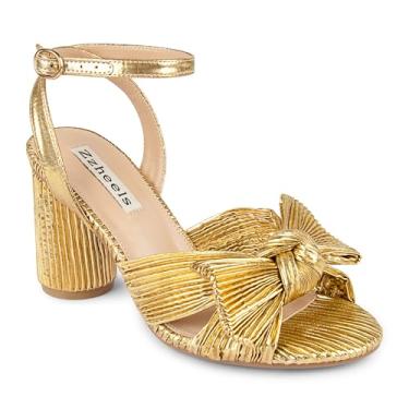 Imagem de Zzheels Sandálias femininas de salto com nó de laço, bico aberto, tira no tornozelo, salto grosso, sapatos de casamento para noivas, Ouro brilhante de 8,5 cm, 35