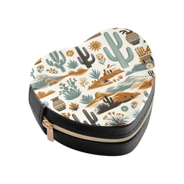 Imagem de Burbuja Caixa de joias em formato de coração com padrão de deserto ocidental, mini estojo de viagem para mulheres e meninas, organizador portátil de armazenamento para brincos, anéis, colares e