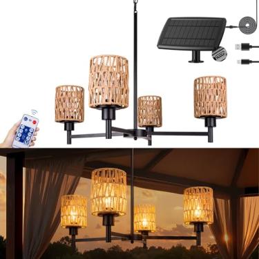 Imagem de ALL FORTUNE Lustre solar para ambientes externos, 4 luzes pendentes de 71 cm, à prova d'água de vime, regulável, lustre externo para gazebo, pérgola, varanda, pátio