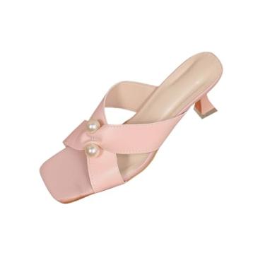 Imagem de Sandálias femininas de salto quadrado com enfeite de pérola, confortável para a primavera, rosa, 34