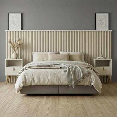 Imagem de Cabeceira Ripada Casal Queen E Mesa Retrô Off White