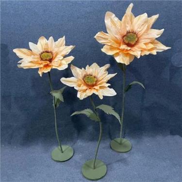 Imagem de Girassóis artificiais grandes - 3 peças de flores artificiais com hastes para decoração de casa, casamento, jardim e adereços fotográficos - Decorações de girassol gigante