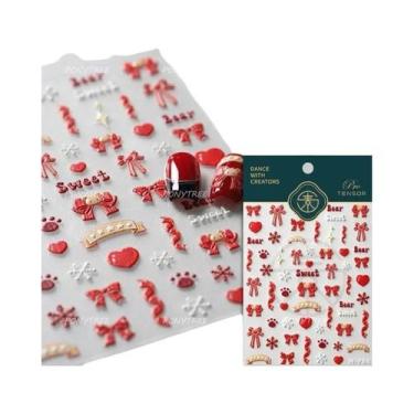 Imagem de Adesivos De Unha 5D Retrô Preto E Branco Com Laço De Renda E Urso Fofo