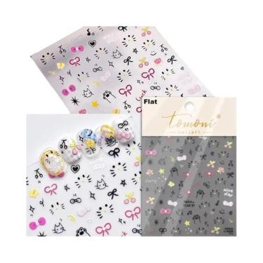 Imagem de Adesivos De Unha 5D Retrô Preto E Branco Com Laço De Renda E Urso Fofo