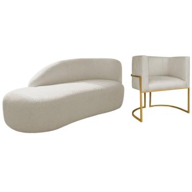 Imagem de Kit Divã Luna 140cm Lado Esquerdo E 01 Poltrona Base De Ferro Dourado Bouclé Bege